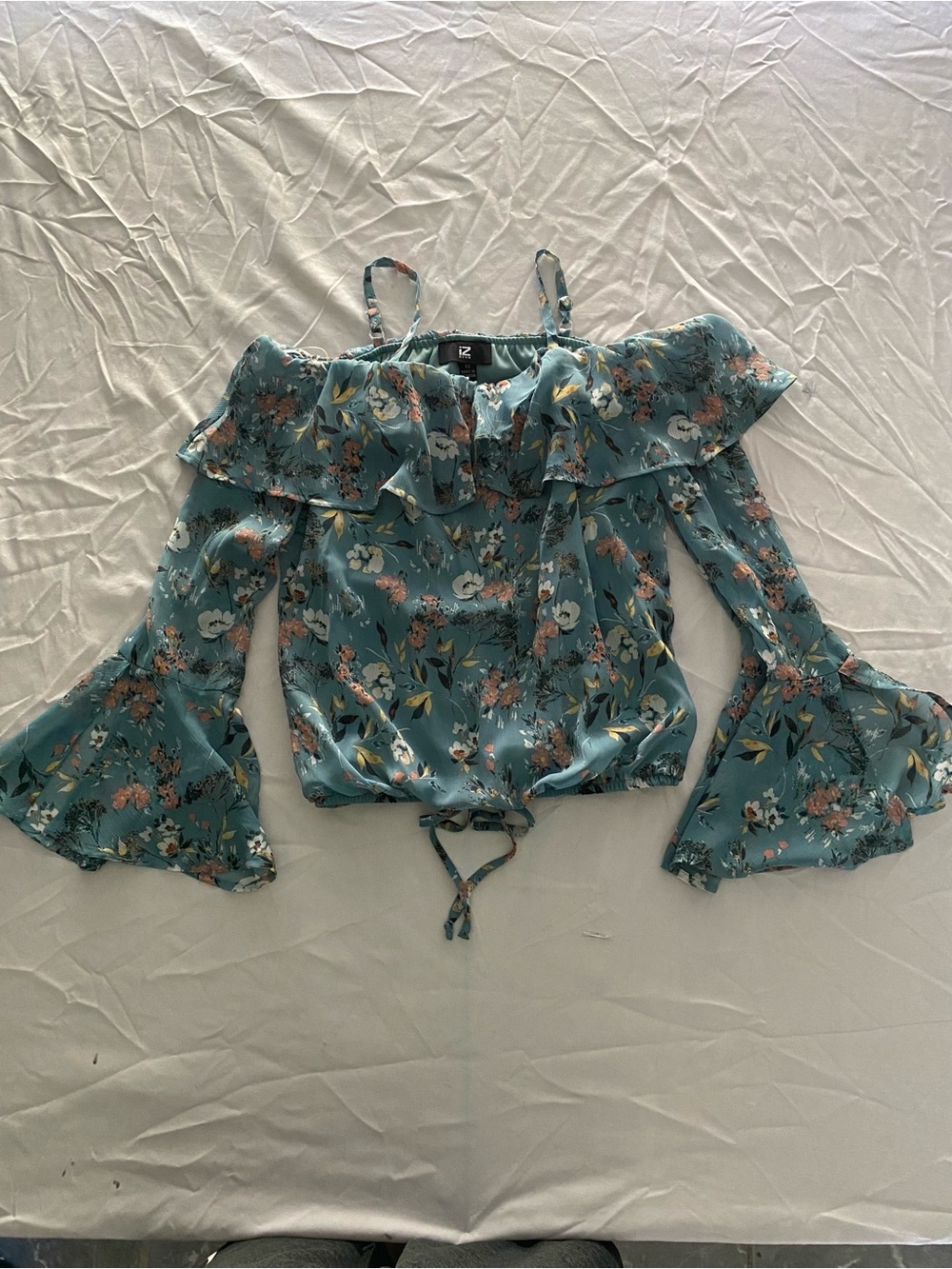 Iz Byer Teal Floral Off-Shoulder Ruffle Blouse - Picture 3 of 8